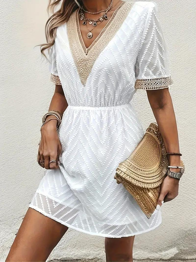 White Dress - Short Sleeve - V Neck - Summer Dress - Short Dress-Fashion Nora