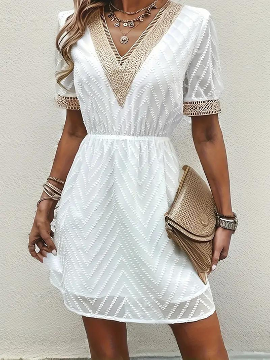 White Dress - Short Sleeve - V Neck - Summer Dress - Short Dress-Fashion Nora