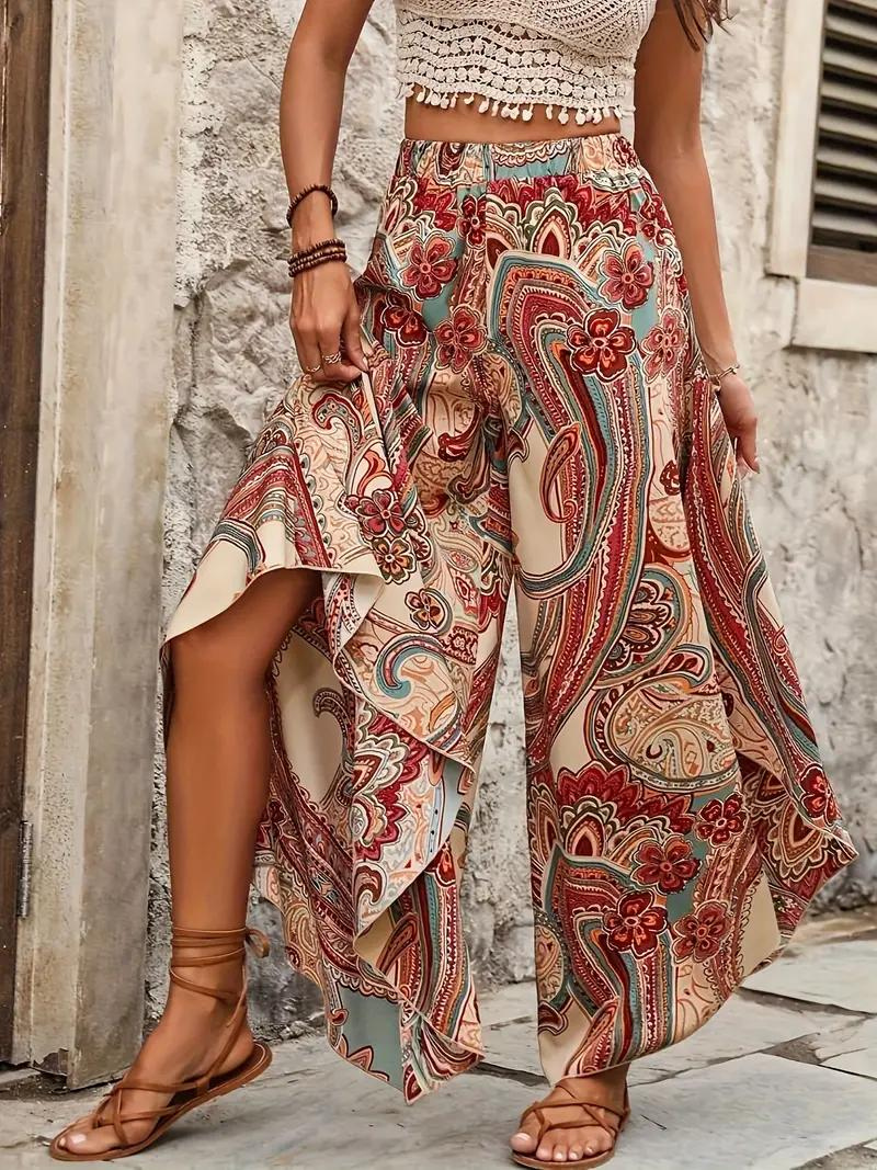 Wide Leg Pants - Boho Style - Paisley Print - High Waisted Pants - Summer Clothes-Fashion Nora