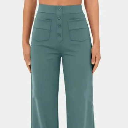 Wide Leg Pants | Stretch | Button-Up | High Waisted Pants | Women's Pants-Fashion Nora