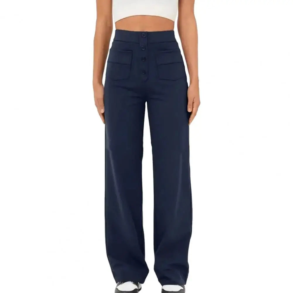 Wide Leg Pants | Stretch | Button-Up | High Waisted Pants | Women's Pants-Fashion Nora