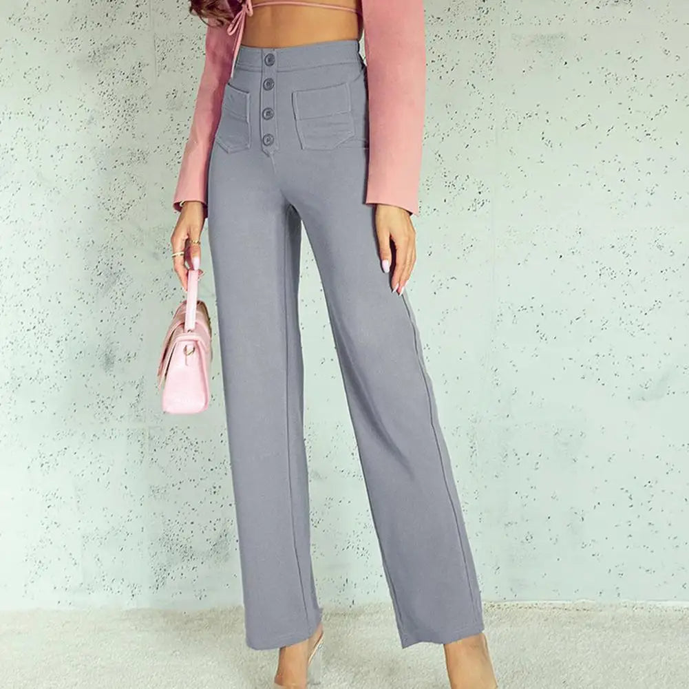 Wide Leg Pants | Stretch | Button-Up | High Waisted Pants | Women's Pants-Fashion Nora