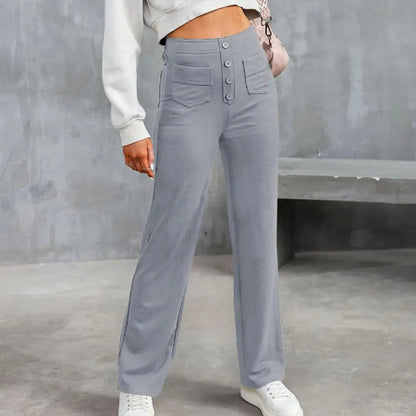 Wide Leg Pants | Stretch | Button-Up | High Waisted Pants | Women's Pants-Fashion Nora