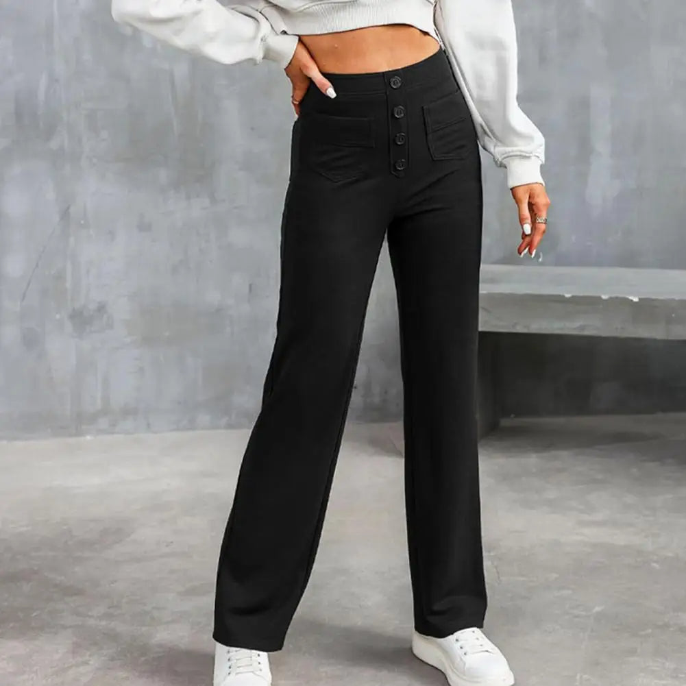 Wide Leg Pants | Stretch | Button-Up | High Waisted Pants | Women's Pants-Fashion Nora