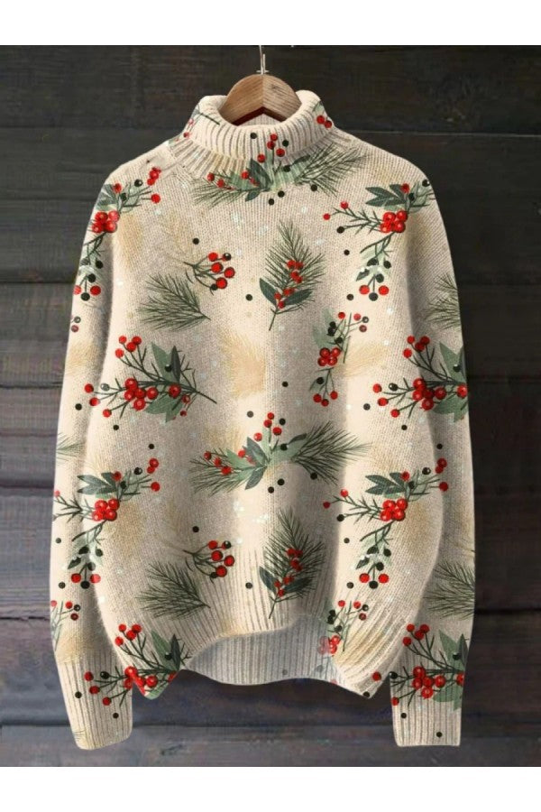 Winter Christmas Vintage Cute Art Print Knit Turtleneck Pullover Sweater-Fashion Nora