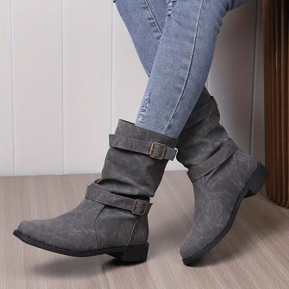 Women's Boots | Buckle Strap | Vintage | Mid Calf Boots | Slouchy Boots-Fashion Nora