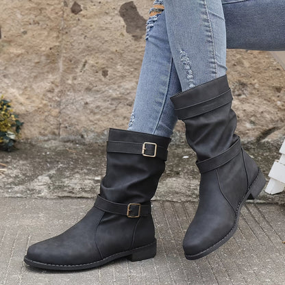 Women's Boots | Buckle Strap | Vintage | Mid Calf Boots | Slouchy Boots-Fashion Nora