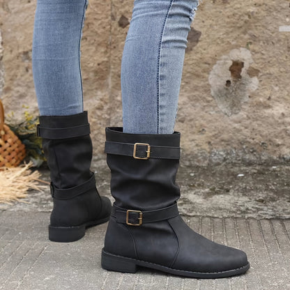 Women's Boots | Buckle Strap | Vintage | Mid Calf Boots | Slouchy Boots-Fashion Nora
