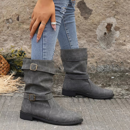 Women's Boots | Buckle Strap | Vintage | Mid Calf Boots | Slouchy Boots-Fashion Nora