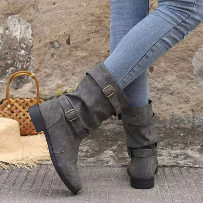 Women's Boots | Buckle Strap | Vintage | Mid Calf Boots | Slouchy Boots-Fashion Nora