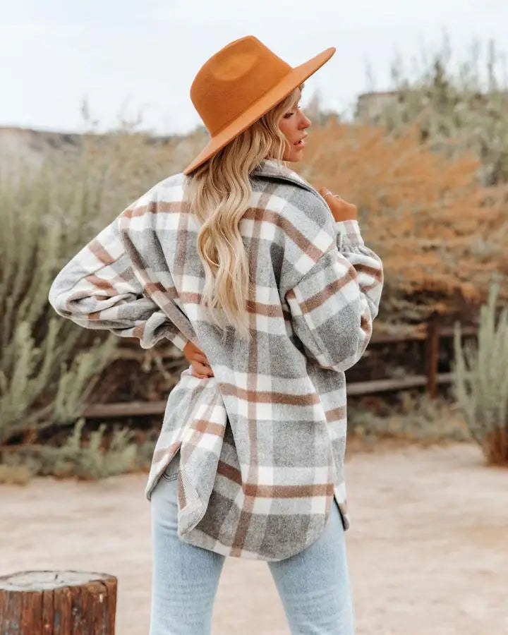 Women's Overshirt | Plaid | Button-Up | Oversized Jacket | Shirt Jacket-Fashion Nora