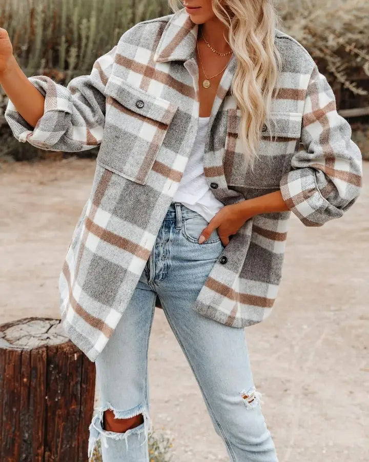 Women s Overshirt Plaid Button Up Oversized Jacket Shirt Jacke Fashion Nora