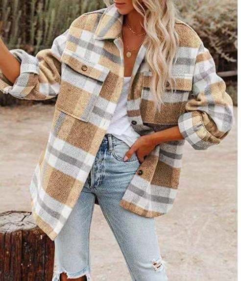 Women's Overshirt | Plaid | Button-Up | Oversized Jacket | Shirt Jacket-Fashion Nora