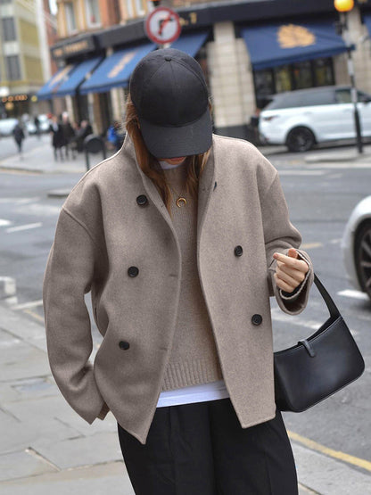 Wool Jacket | Double Breasted | Oversized | Short Wool Trench | Women's Jacket-Fashion Nora