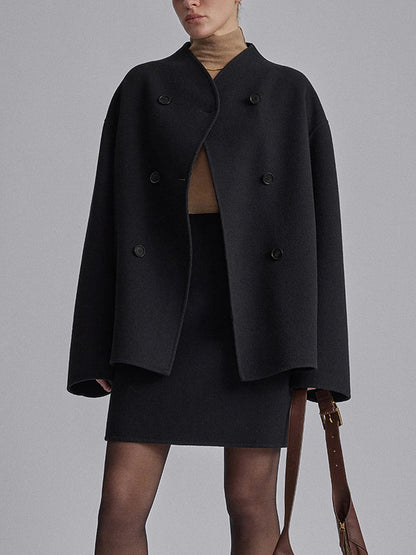 Wool Jacket | Double Breasted | Oversized | Short Wool Trench | Women's Jacket-Fashion Nora