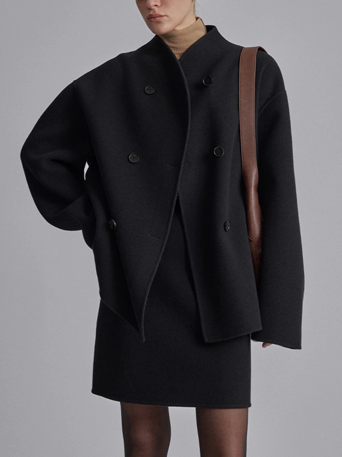 Wool Jacket | Double Breasted | Oversized | Short Wool Trench | Women's Jacket-Fashion Nora