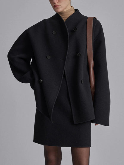Wool Jacket | Double Breasted | Oversized | Short Wool Trench | Women's Jacket-Fashion Nora