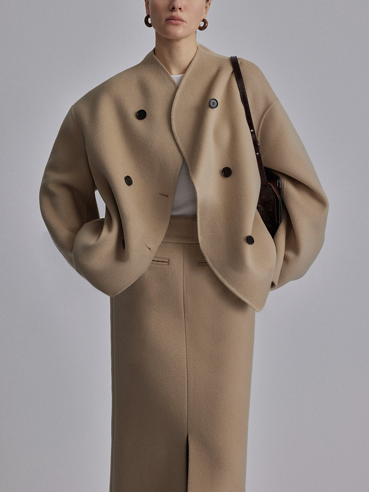 Wool Jacket | Double Breasted | Oversized | Short Wool Trench | Women's Jacket-Fashion Nora