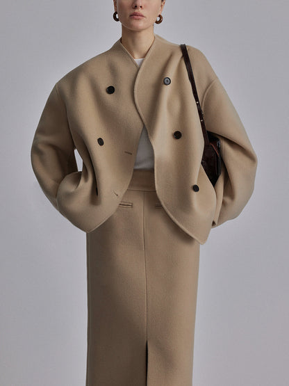 Wool Jacket | Double Breasted | Oversized | Short Wool Trench | Women's Jacket-Fashion Nora