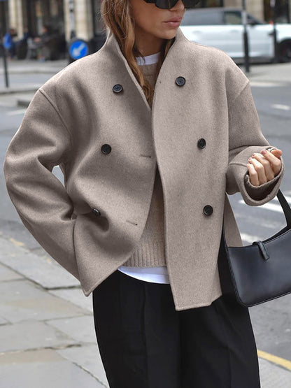 Wool Jacket | Double Breasted | Oversized | Short Wool Trench | Women's Jacket-Fashion Nora