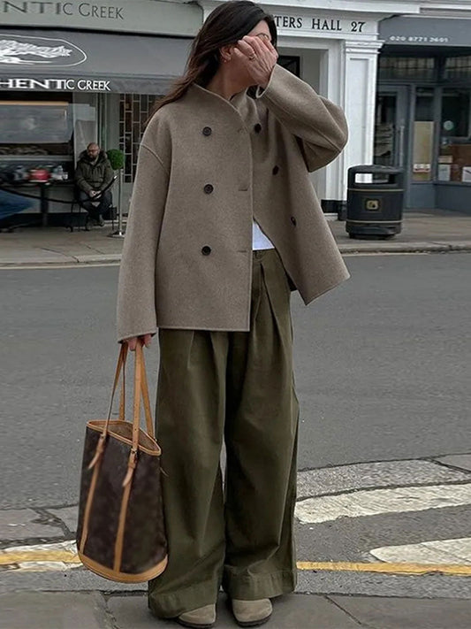 Wool Jacket - Oversized - Double Breasted - Short Wool Jacket - Women's Coat-Fashion Nora