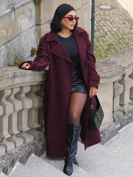 Wool Trench Coat - Double Breasted - Winter - Burgundy Coat - Women's Long Coat-Fashion Nora