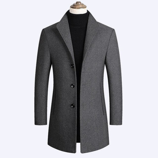 Woolen Coat - Men's Lined Button Up Mid Length Winter Jacket-Fashion Nora