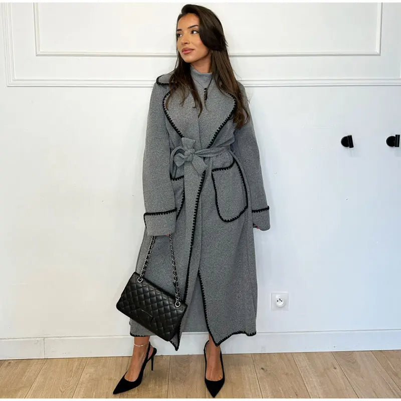 Woolen Coat | Open Front | Belt | Long Trench Coat Women | Women's Long Coat-Fashion Nora