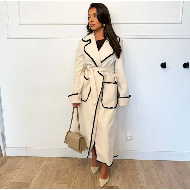 Woolen Coat | Open Front | Belt | Long Trench Coat Women | Women's Long Coat-Fashion Nora