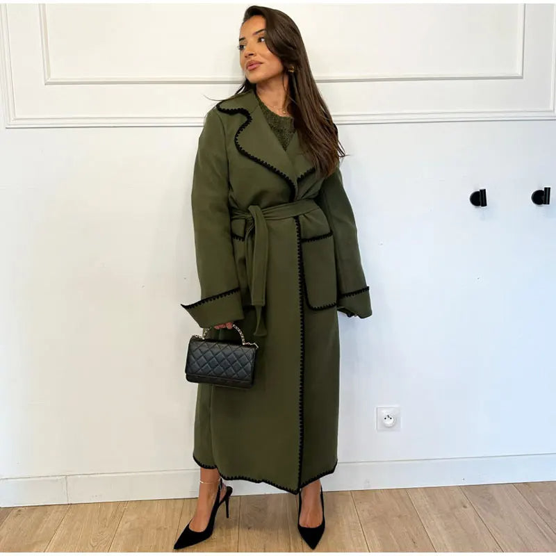 Woolen Coat | Open Front | Belt | Long Trench Coat Women | Women's Long Coat-Fashion Nora