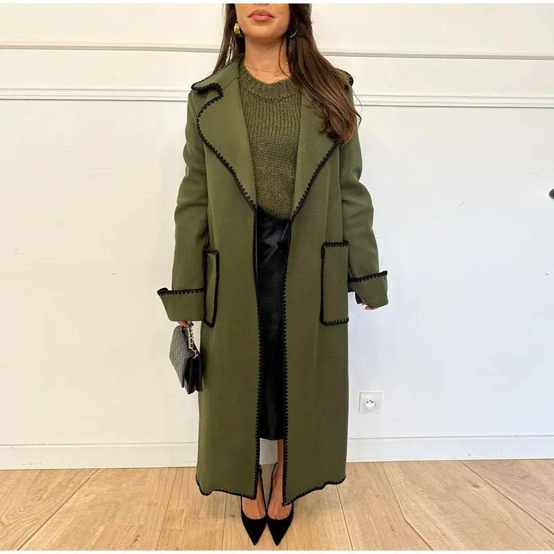 Woolen Coat | Open Front | Belt | Long Trench Coat Women | Women's Long Coat-Fashion Nora