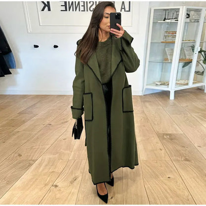 Woolen Coat | Open Front | Belt | Long Trench Coat Women | Women's Long Coat-Fashion Nora