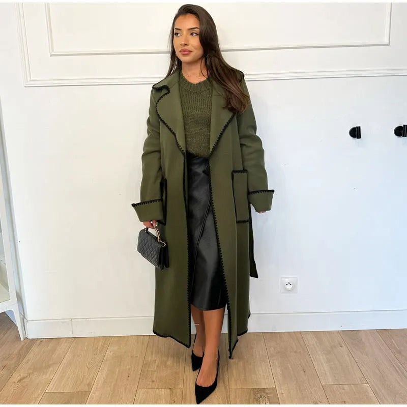 Woolen Coat | Open Front | Belt | Long Trench Coat Women | Women's Long Coat-Fashion Nora