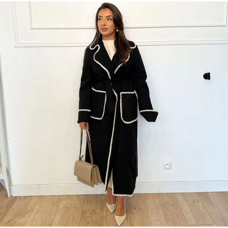 Woolen Coat | Open Front | Belt | Long Trench Coat Women | Women's Long Coat-Fashion Nora