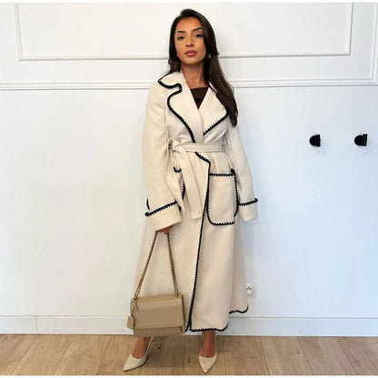 Woolen Coat | Open Front | Belt | Long Trench Coat Women | Women's Long Coat-Fashion Nora