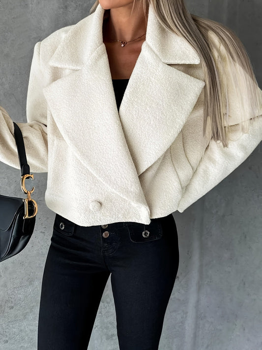 Woolen Jacket | White | Double Breasted | Cropped Jacket | Women's Jackets-Fashion Nora