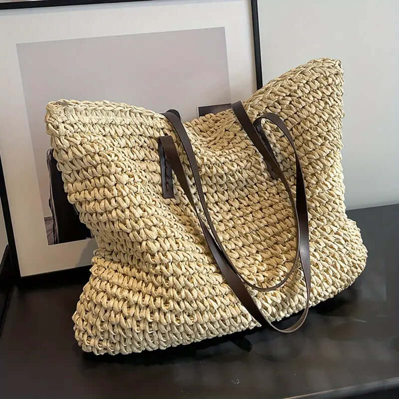 Woven Bag - Women's Woven Shopper Tote Bag with Leather Straps-Fashion Nora