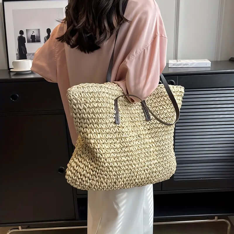 Woven Bag - Women's Woven Shopper Tote Bag with Leather Straps-Fashion Nora