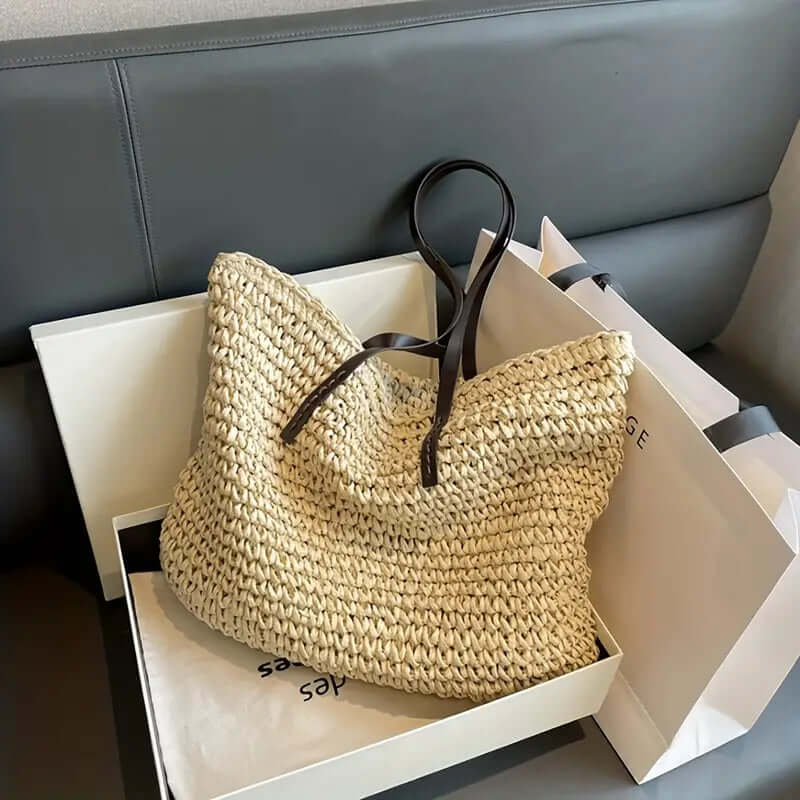 Woven Bag - Women's Woven Shopper Tote Bag with Leather Straps-Fashion Nora