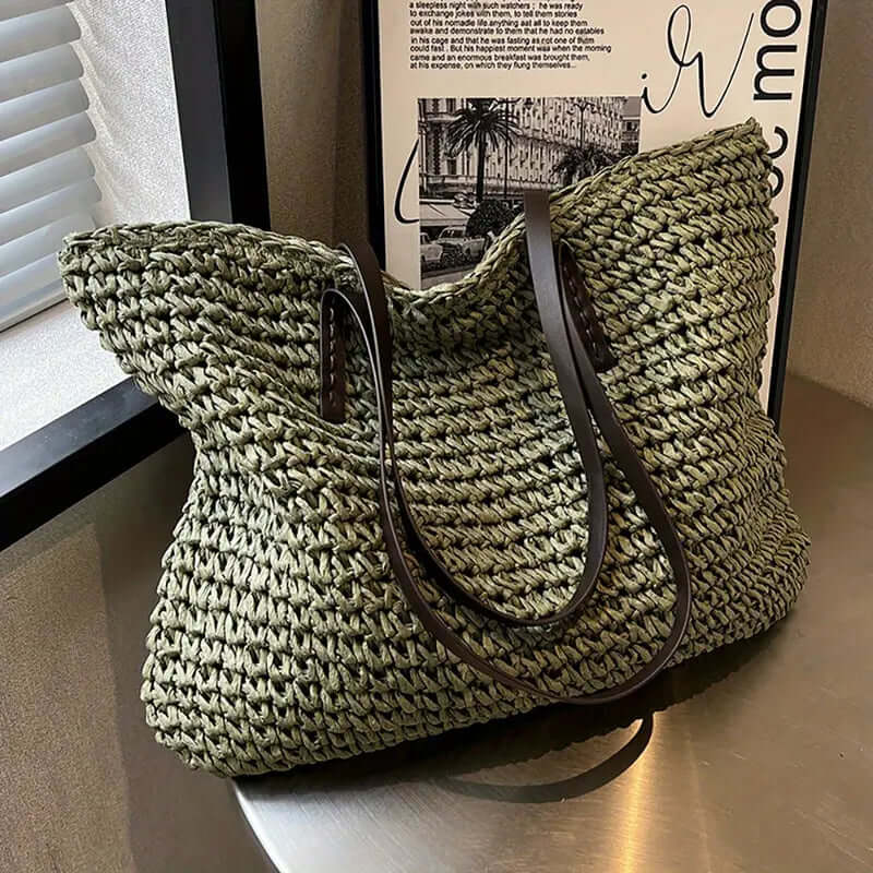 Woven Bag - Women's Woven Shopper Tote Bag with Leather Straps-Fashion Nora