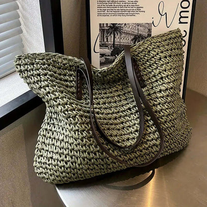 Woven Bag - Women's Woven Shopper Tote Bag with Leather Straps-Fashion Nora