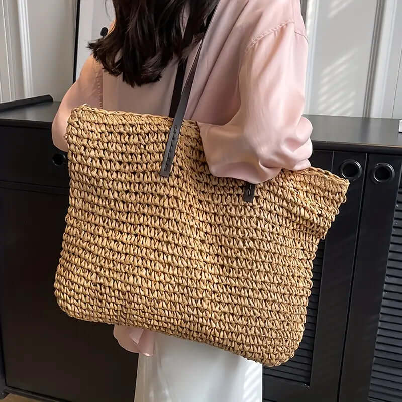 Woven Bag - Women's Woven Shopper Tote Bag with Leather Straps-Fashion Nora