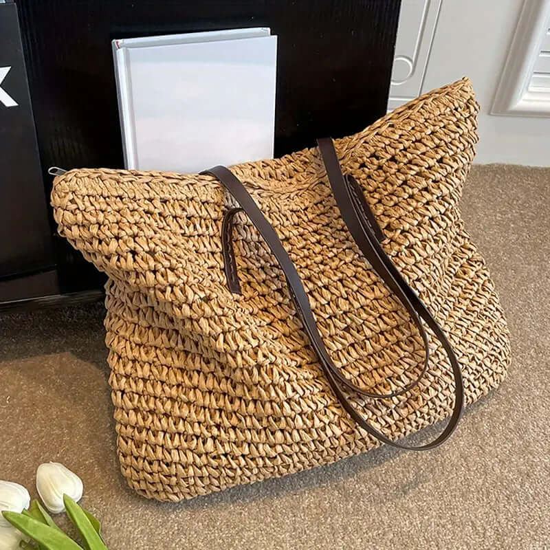Woven Bag - Women's Woven Shopper Tote Bag with Leather Straps-Fashion Nora