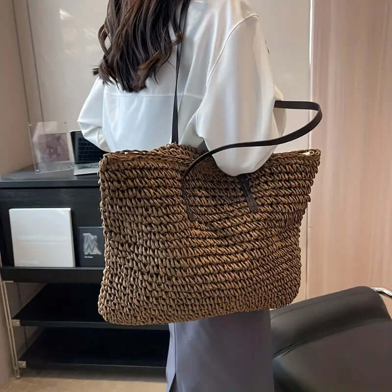 Woven Bag - Women's Woven Shopper Tote Bag with Leather Straps-Fashion Nora