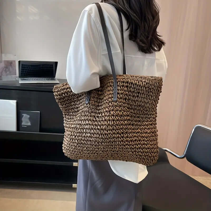 Woven Bag - Women's Woven Shopper Tote Bag with Leather Straps-Fashion Nora