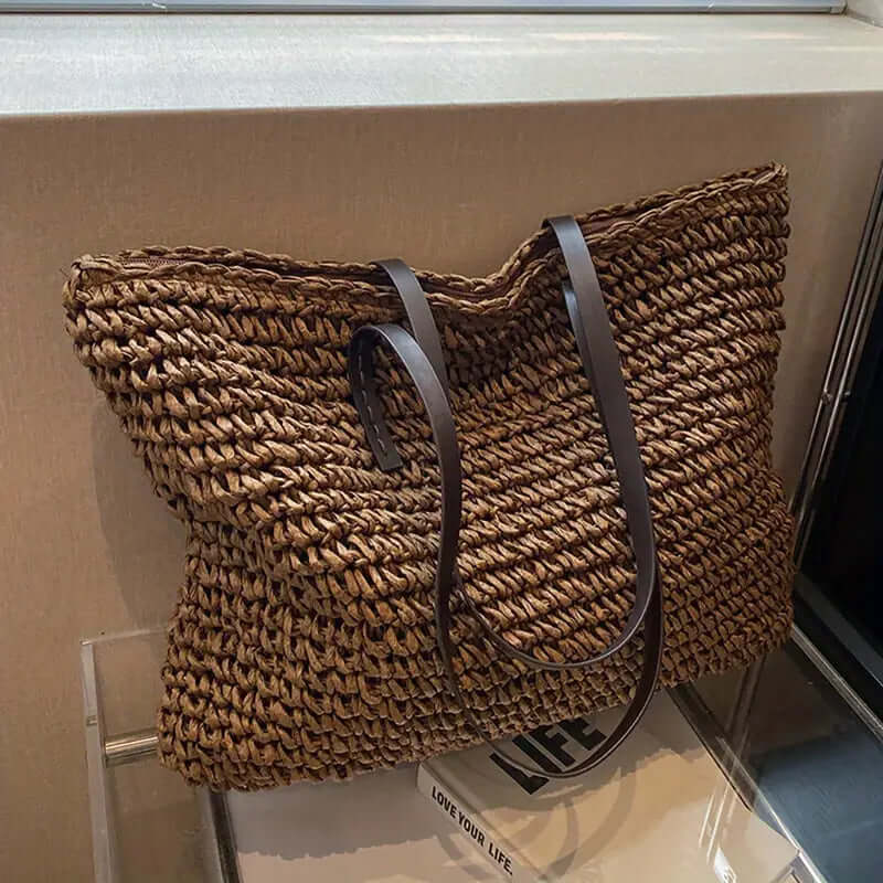 Woven Bag - Women's Woven Shopper Tote Bag with Leather Straps-Fashion Nora