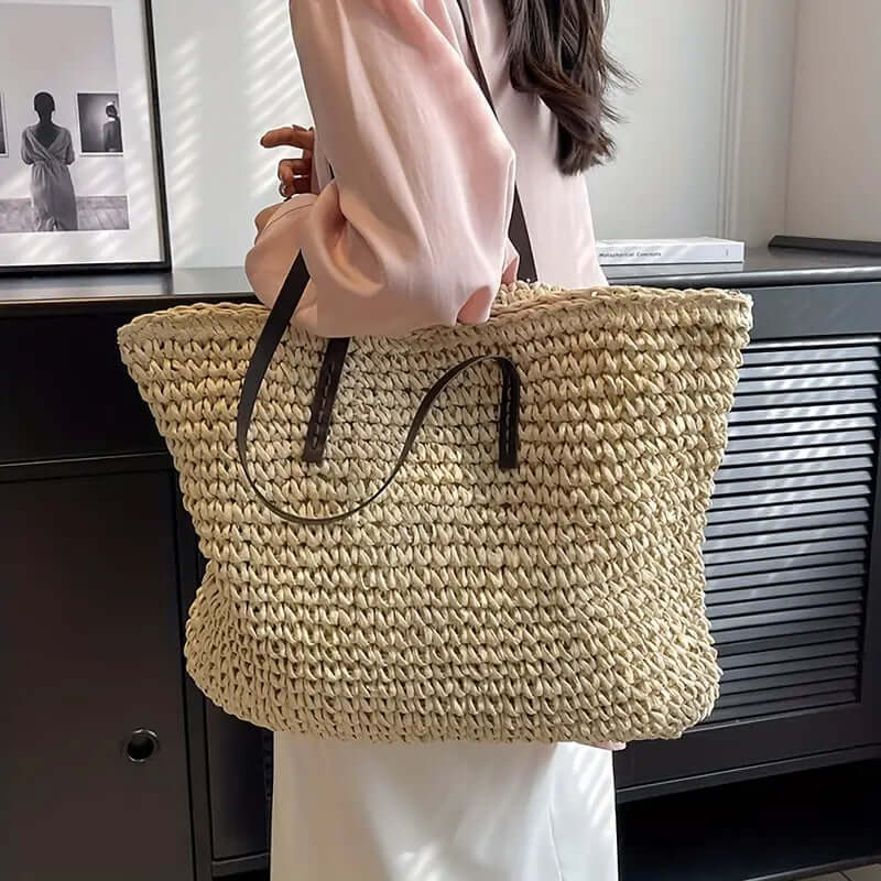 Woven Bag - Women's Woven Shopper Tote Bag with Leather Straps-Fashion Nora