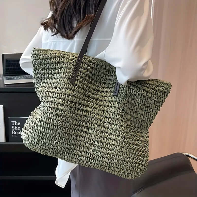 Woven Bag - Women's Woven Shopper Tote Bag with Leather Straps-Fashion Nora