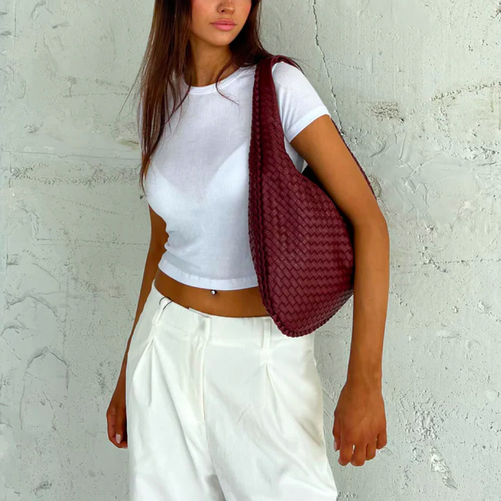 Woven Bag - Women's Zipper Closure Vegan Leather Shoulder Bag-Fashion Nora