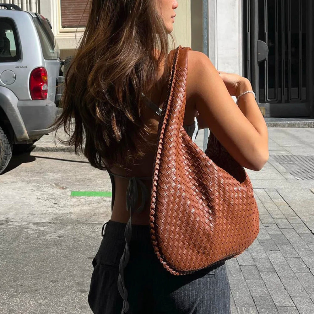 Woven Bag - Women's Zipper Closure Vegan Leather Shoulder Bag-Fashion Nora